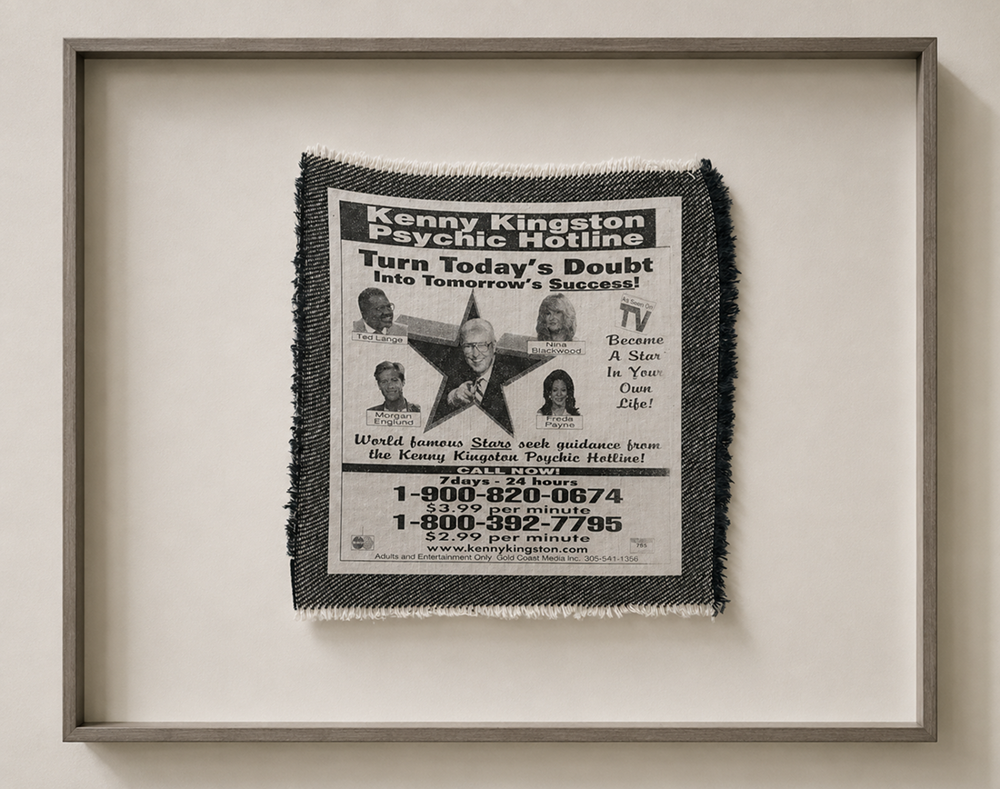 Framed denim transfer with a black and white psychic hotline advertisement